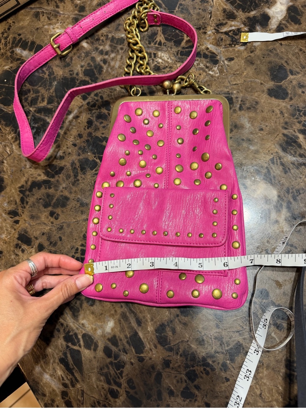 Jessica Simpson Pink Leather Studded Kiss Lock Crossbody Bag Boho Y2K Purse - Picture 7 of 7